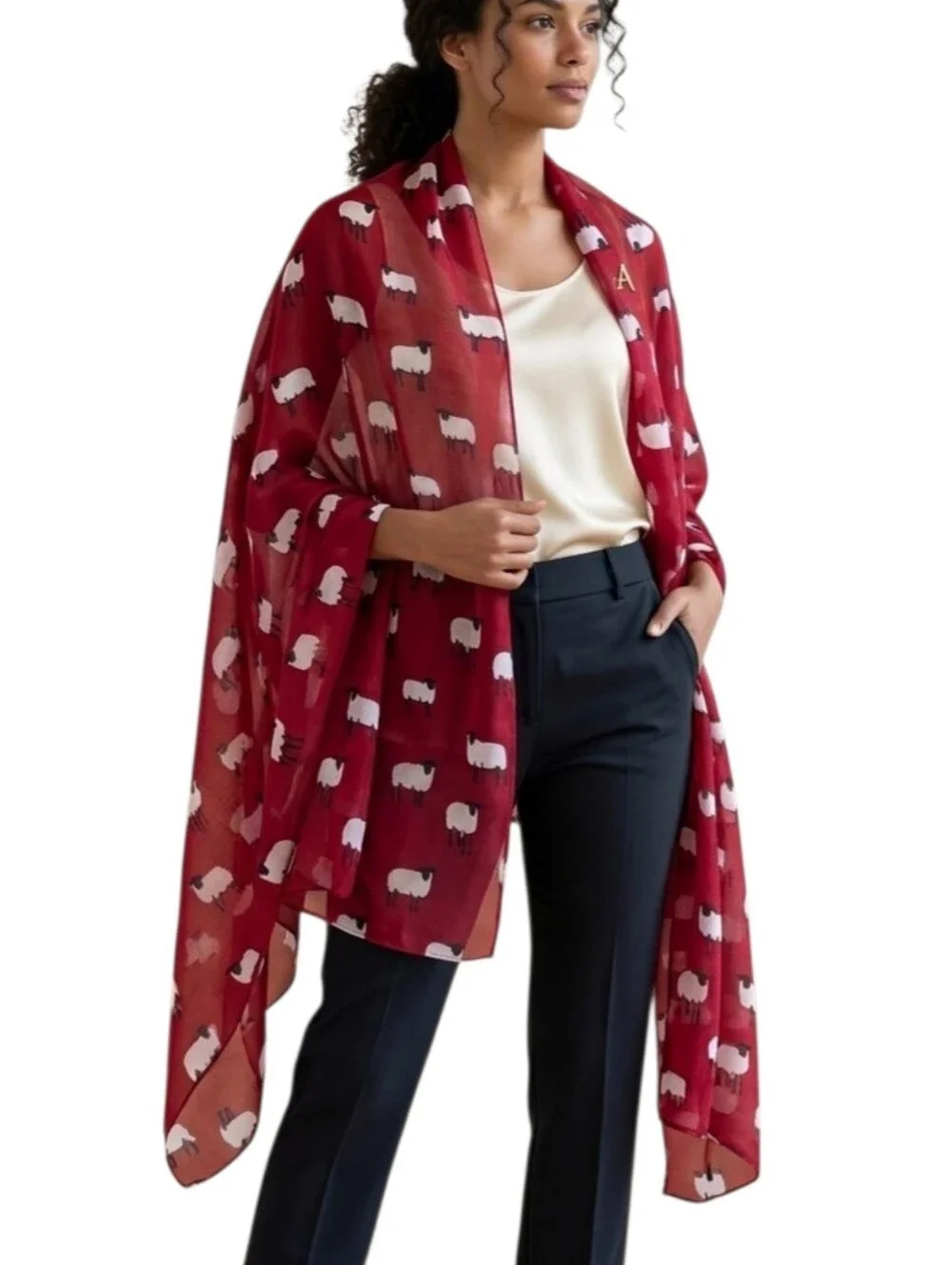 Red Sheep Print Shawl Wrap Sarong Scarf 36x74 Semi Sheer Swim Cover Skirt